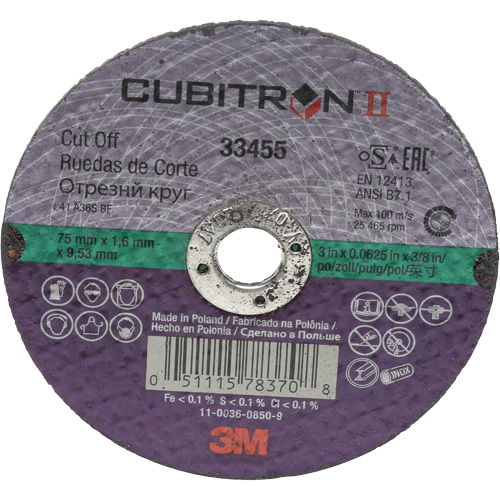 Cubitron II截止轮,3 x 1/16, 3/8“阿伯、陶瓷NY282 | TENAQUIP