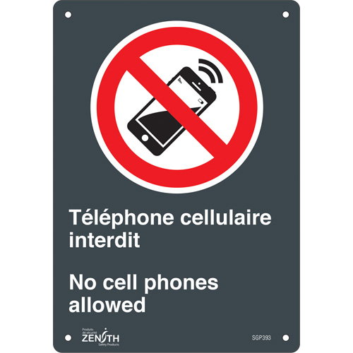 “电话cellulaire禁止的/不手机”符号,10“x 7”,塑料,双语和象形图SGP393 | TENAQUIP